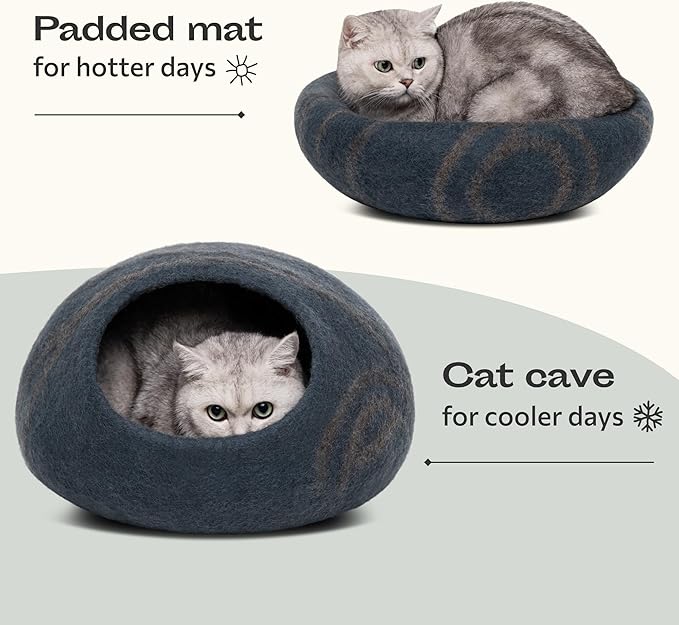 MEOWFIA Cat Cave – Premium Felt Cat Bed for Indoor Cats, Handmade 100% Merino Wool (Medium, Slate Grey)