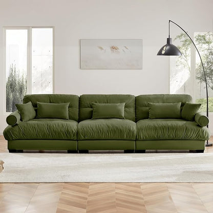130" Oversized Couch, 3 Seater Modular Sectional Sofa, Olive Large Sectional Couches for Living Room, Fluffy Couch Set, 3 Seater Velvet Cloud Couches with 5 Pillows, Deep Seat Sofas for Living Room