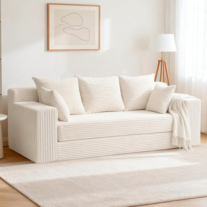 3 Seater Boneless Couch for Living Room, Convertible Futon Sofa Bed Comfy Pull Out Couch with 5 Pillows & Detachable Washable Cover, Upholstered Floor Sofa in A Box, No Assembly Required, Beige