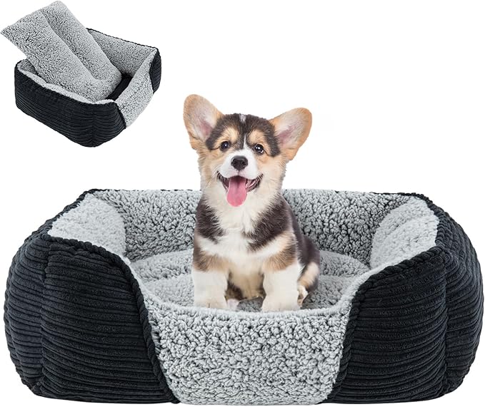 Miguel Washable Dog Bed with Removable Cushion for Small Dogs, Easy to Wash Pet Sofa Bed with Side, Rectangle Bolster Cat Bed Calming Cuddle Puppy Bed with Anti-Slip Bottom, Black 20 Inch