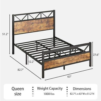 Queen Size Frame with 51.2" Tall Headboard, Platform Bed Frame with Metal Support, Solid and Stable, Noise Free, No Box Spring Needed, Rustic Brown