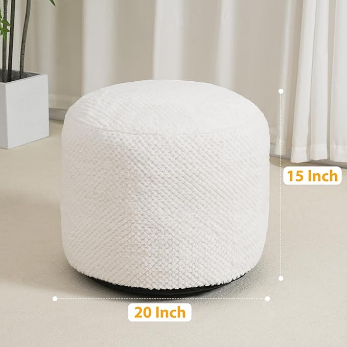 Round Stuffed Pouf Ottoman for Foot Rest, Faux Fur Poufs with Foam Chunk Filling, Storage Ottoman Pouf Foot Stool Cushion, 20 X 15 Inch Floor Chair for Living Room Bedroom Home Decor, White