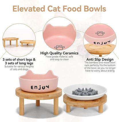 3PCS Elevated Cat Bowls,Wide Raised Ceramic Pet Dishes with Bamboo Stand, Whisker Friendly Pet Water or Food Plates Feeding Station for Indoor Small Dogs, Kitten (Pink(3PCS))