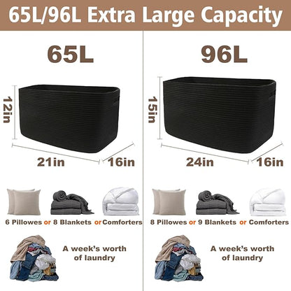 Woven Blanket Basket,65L Large Storage Bin for Blankets Toys Clothes,Decorative Rope Basket for Living Room Bedroom with Handles, Black