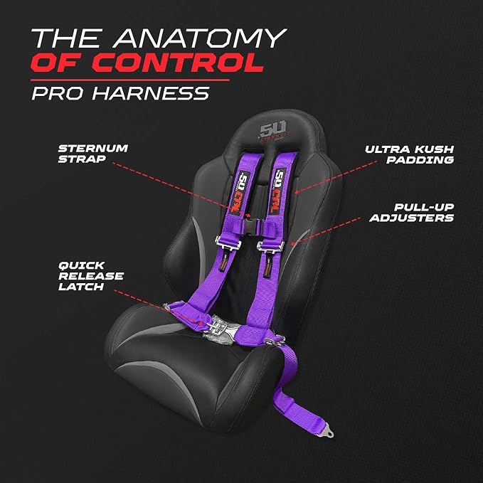 1pc 50 Cal Purple 4 Point Harness 2" straps, Racing Harness Seat Belt | Ultra Kush padding, Push Button quick release hardware. Universal Fit for UTV, RZR, race car