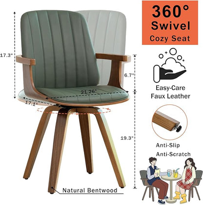 WUPOTO MCM Dining Chairs, Set of 2 Mid Century Modern Chairs with Walnut Craftsmanship, Upholstered Faux Leather, Wooden Arms and Legs, Faux Leather Dining Chairs for Kitchen/Living Room - Green