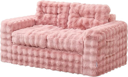 Hobestluk Sofa Couch Loveseat Sofa with Bubble Fabric 2-Seater Sofa for Small Spaces Comfortable Foam Floor Sofa 2 in 1 Boneless Couch for Living Room Bedroom Apartment or Office (Pink, Loveseat)