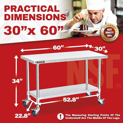 DuraSteel 30x60 NSF Stainless Steel Cart - Heavy Duty Food Prep Table with Undershelf - Rolling Kitchen Island on Wheels for Commercial Restaurant Kitchen, Garage, Outdoor Cooking, BBQ Grill, Counter