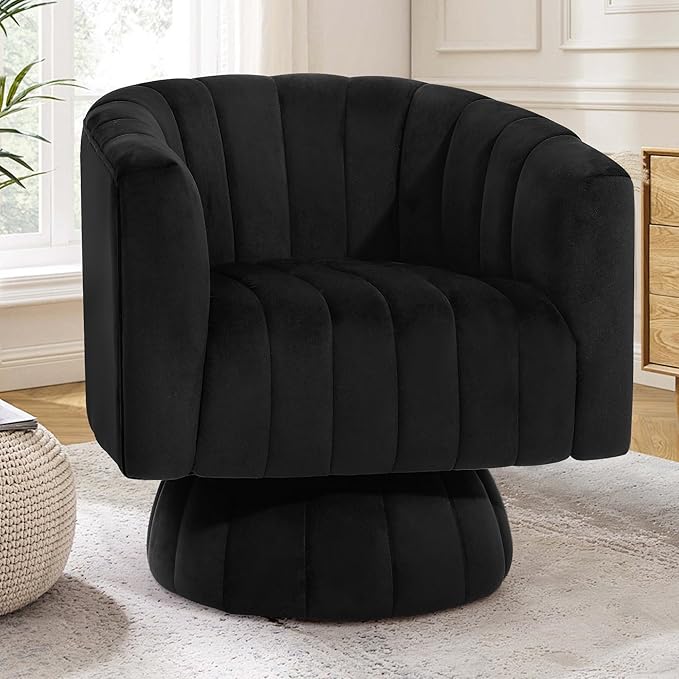 Kromax Swivel Accent Chair with Armrest, Mid Century 360 Degree Swivel Barrel Chair Overstuffed Tufted Velvet, Ideal for Living Room, Bedroom, Reading Room, Black