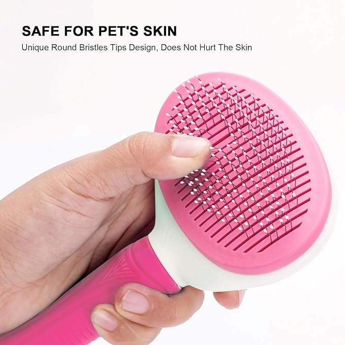 Self Cleaning Slicker Brush for Pet Grooming - Removes Loose Undercoat and Sheds, Suitable for Long and Short Hair Cats and Dogs, with Massaging Bristles (Pink)