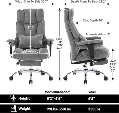 Efomao Executive Office Chair, Soft-Cushioned Computer Chair with Foot Rest, Fabric Home Office Desk Chairs, Big and Tall Office Chairs, Grey