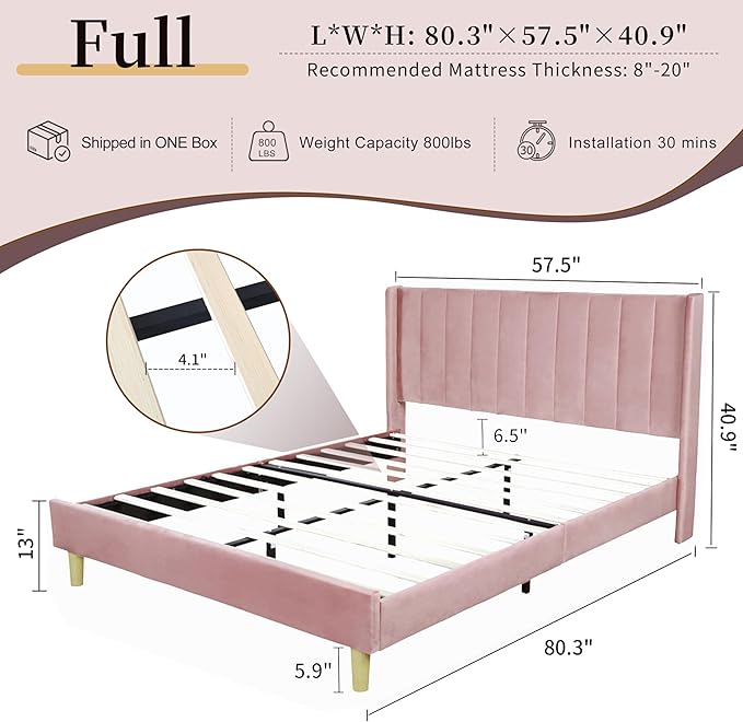 Full Size Upholstered Platform Bed Frame with Modern Wingback & Vertical Panel Headboard, Velvet Fabric, Wooden Legs & Slats Support, No Box Spring Needed, Noise-Free & Easy Assembly, Pink