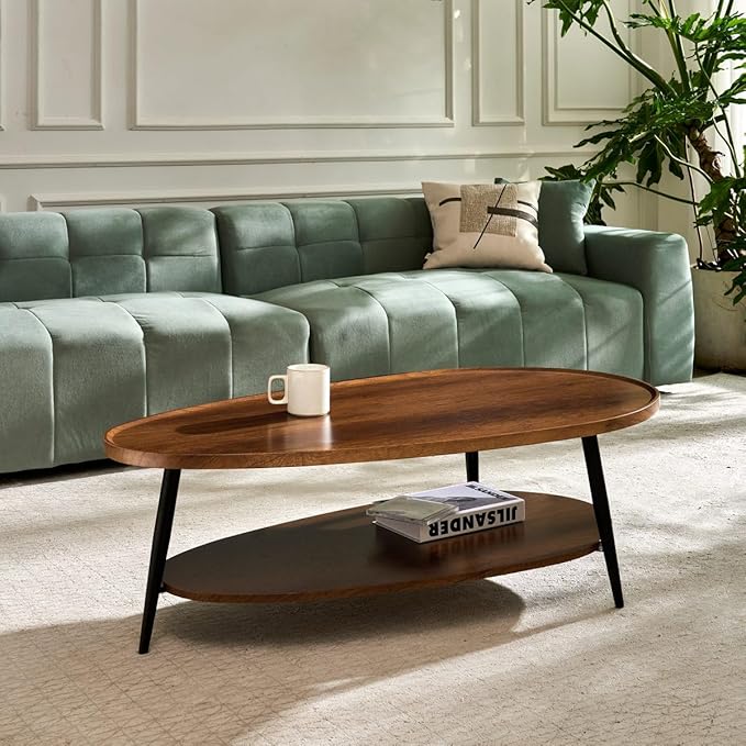 AGV Oval Coffee Table with Storage Shelf, 47" Mid Century Modern Coffee Table for Living Room, Walnut Wood Finish MDF Top with Black Metal Legs
