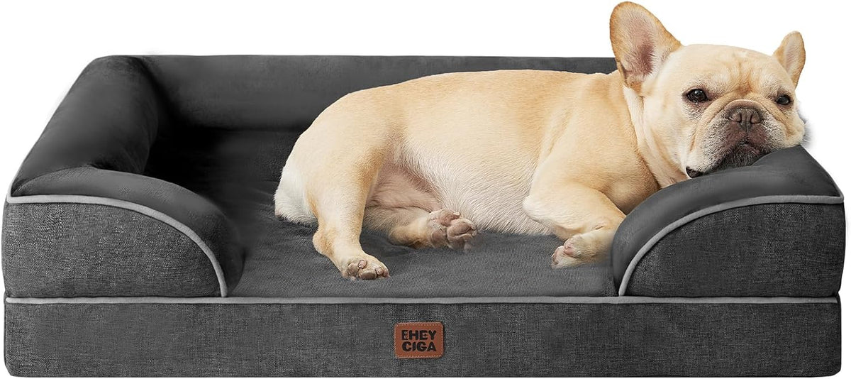EHEYCIGA Orthopedic Dog Bed for Small Dogs, Waterproof Memory Foam Small Pet Beds with Sides, Non-Slip Bottom and Egg-Crate Foam Medium Dog Couch Bed with Washable Removable Cover, Dark Grey