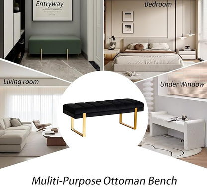 AIITTCC Velvet Ottoman Bedroom Bench, 46.5" Tufted Padded End of Bed Bench with Gold Legs, Upholstered Shoe Bench for Living Room Entryway Window (Black, 46" Wide)