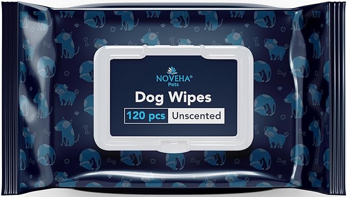 NOVEHA 120PCs Dog Wipes - Odor Eliminating and Cleaning Grooming Wipes for Dog's Paws, Body, and Butt - Perfect for Puppy and Adult Dogs - Plant-Based, Safe, Convenient & Large Unscented Wipes