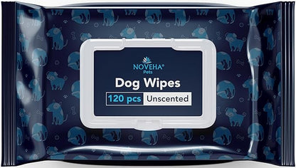 NOVEHA 120PCs Dog Wipes - Odor Eliminating and Cleaning Grooming Wipes for Dog's Paws, Body, and Butt - Perfect for Puppy and Adult Dogs - Plant-Based, Safe, Convenient & Large Unscented Wipes