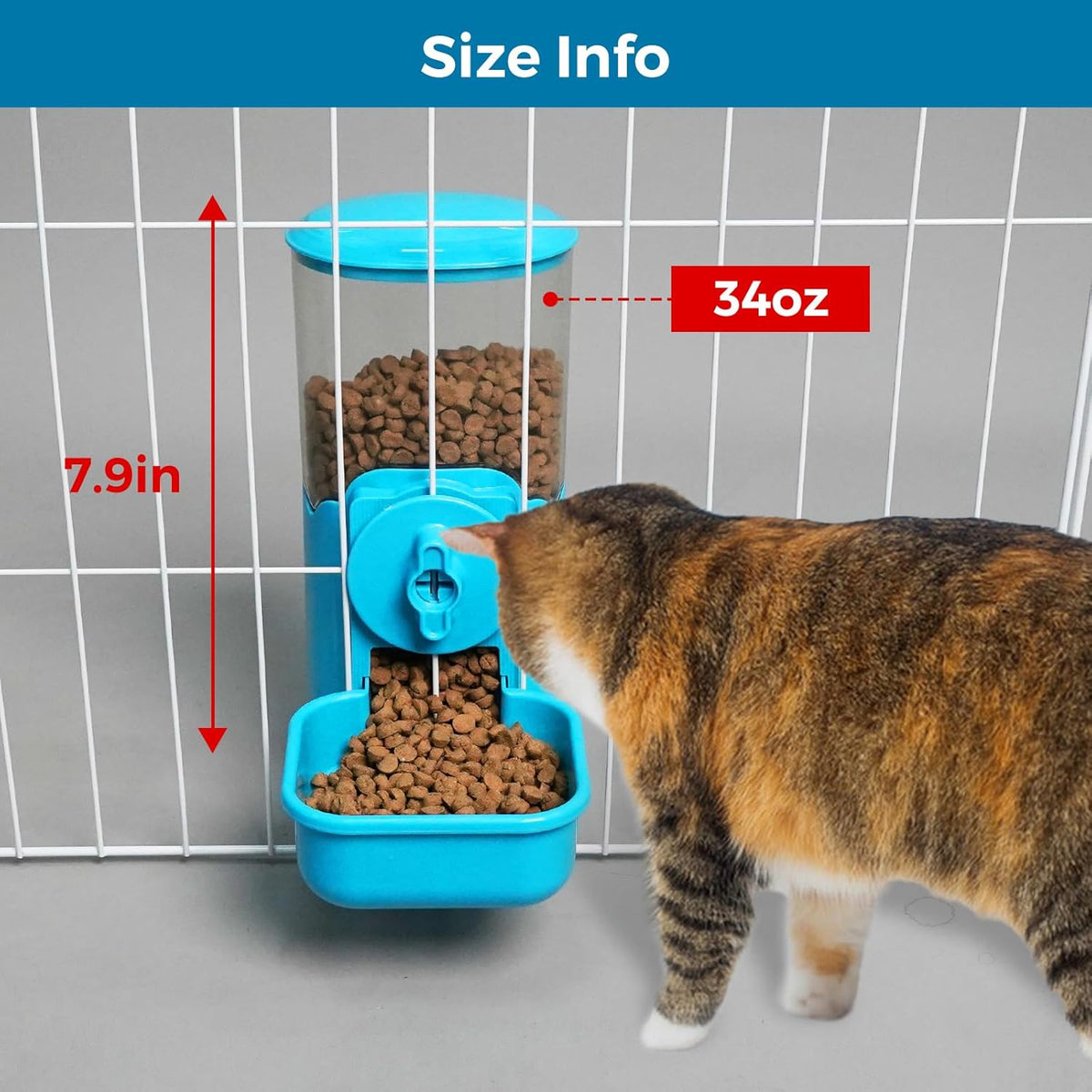 VANNON Small Animal Hanging Automatic Food Dispenser, 35oz Gravity Pet Feeder for Cage, Food Bowl for Rabbit Puppy Cat Ferret Guinea Pig Chinchilla Parrot (Blue)