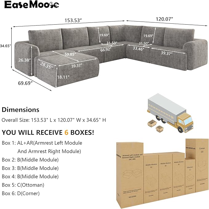 EASE MOOSE Sectional Cloud Couch Oversized for Living Room,7-Seat Modular Boneless Sofa U-Shaped Sofa with Ottoman, No-Assembly Chenille Couch, Light Grey