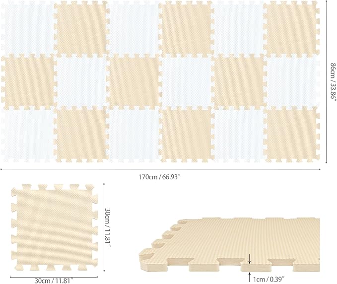 qqpp EVA Rubber 18 Tiles Interlocking Puzzle Foam Floor Mats - Baby Play Mat for Playing | Exercise Mat for Home Workout. White, Beige. QC-AJb18N