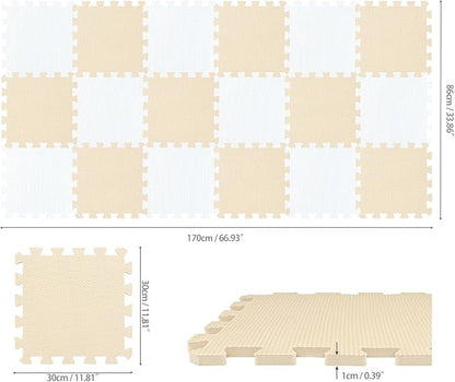 qqpp EVA Rubber 18 Tiles Interlocking Puzzle Foam Floor Mats - Baby Play Mat for Playing | Exercise Mat for Home Workout. White, Beige. QC-AJb18N