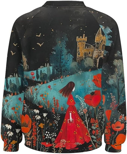 Long Sleeve Shirts for Women Cat Oil Painting Shirt 3D Graphic Sweatshirts Fall Pullover Crewneck Vintage Boho Tops