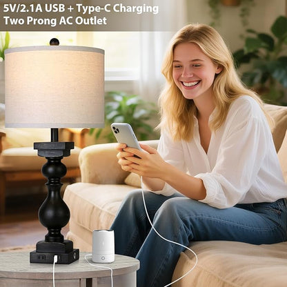 28" Tall Farmhouse Table Lamps Set of 2 with USB C+A Ports and AC Outlet, 3 Way Touch Tall Rustic Bedside Lamps for Living Room, Black Vintage Lamps for Bedroom