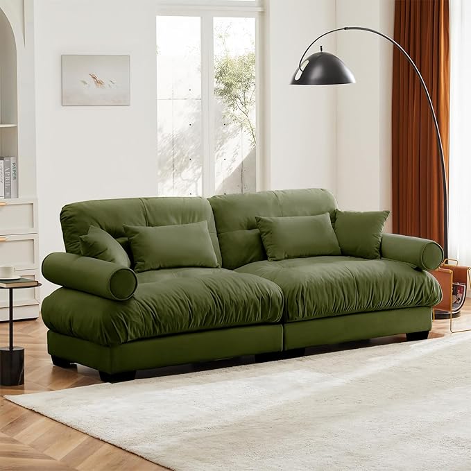 93.7” Loveseat Sofa, 2 Seater Modular Sectional Sofa, Olive Large Sectional Couches for Living Room, Fluffy Couch Set, Love Seat, Velvet Cloud Couch with 4 Pillows, Deep Seat Sofas for Living Room