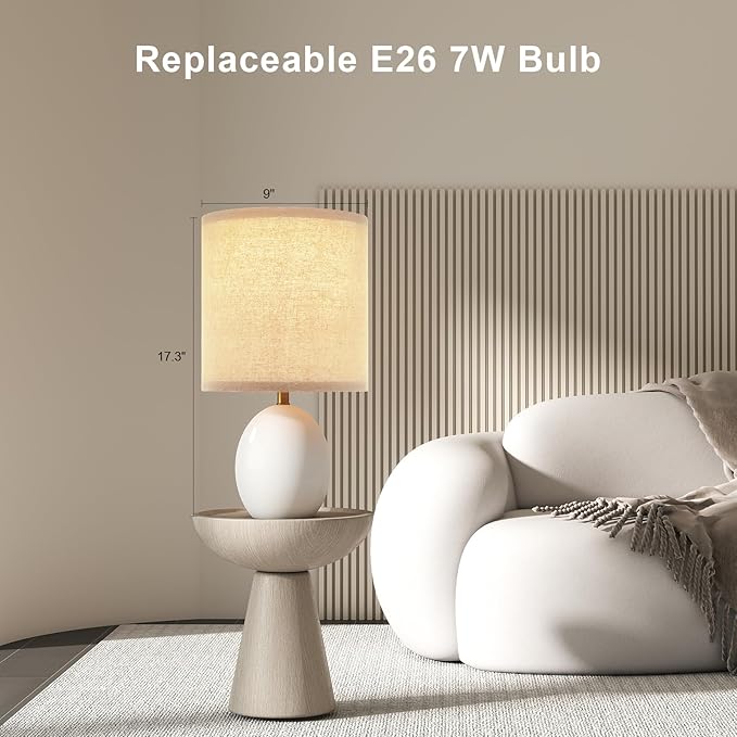 17.3" Table Lamp Set of 2 for Living Room Bedroom, Bedside Lamps for Night Stands, Desk Nightstand Lamp Dimmable, Modern Linen White Ceramic Lamps (White)