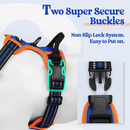 rabbitgoo Dog Harness No Pull with 2 Leash Clips, Adjustable Soft Padded, Reflective Oxford No Choke Pet Vest with Easy Control Handle for Large Dogs, Blue & Orange, XL
