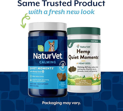 NaturVet Quiet Moments Calming Aid Dog Supplement, Helps Promote Relaxation, Reduce Stress, Storm Anxiety, Motion Sickness for Dogs (Quiet Moments Plus Hemp, 180 Soft Chews)