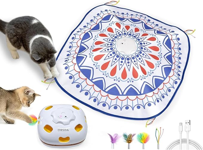 ORSDA Cat Toys, 4 in 1 Interactive Cat Toys for Indoor Kitten, Automatic Electric Enrichment Hide and Seek, Chase The Feather, 8 Holes Mice Whack-A-Mole, Catch Magic Wand