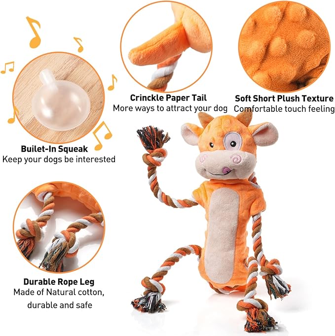 Dog Toys, Tug of War Dog Toys for Large Breed, Cute Squeaky Interactive Dogs Toy with Crinkle Paper, Plush Puppy Chew Toy for Small, Middle, Big Dogs (Cow-SS)