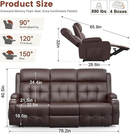 Aotolo Recliner Sofa, Massage Reclining Sofa 3 Seater Sets Heavy Weight Capacity, RV Loveseat Couch Clearance with Flip Back Console, Storage, Cup Holders, Wall Hugger Reclining Couch for Living Room