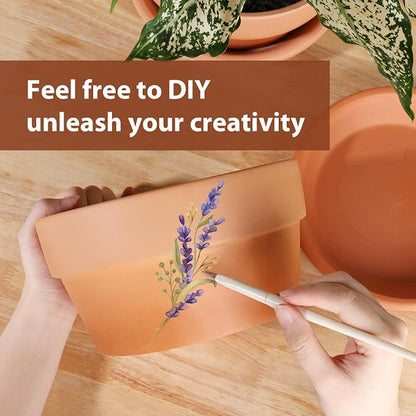 INGOFIN 8 Inch Terracotta Shallow Pots Set with Saucer - Ceramic Clay Pots with Drainage Hole, Terra Cotta Pot for Plants for Indoor Outdoor Plants, Set of 2