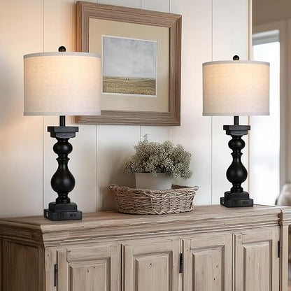 28" Tall Farmhouse Table Lamps Set of 2 with USB C+A Ports and AC Outlet, 3 Way Touch Tall Rustic Bedside Lamps for Living Room, Black Vintage Lamps for Bedroom