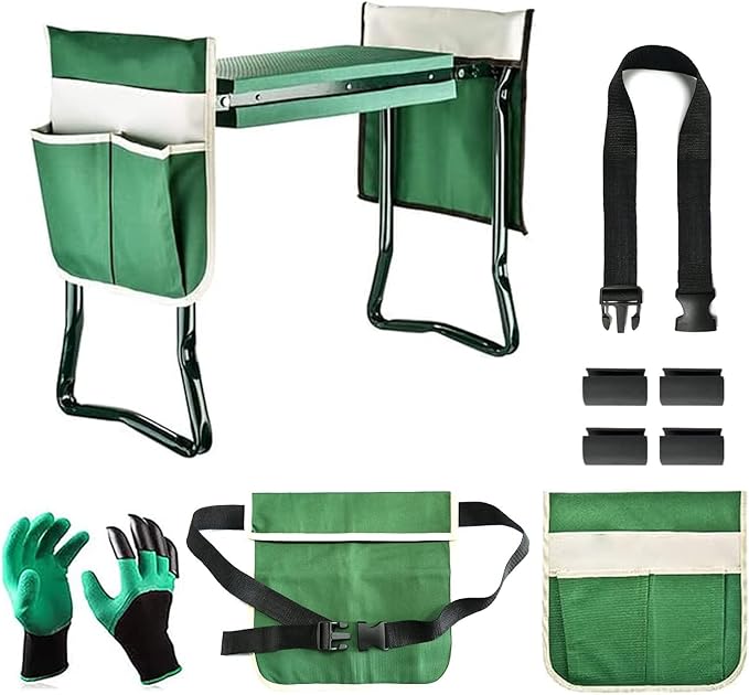 BDL Garden Kneeler and Seat, Upgraded Folding Bench Stool Portable Kneeler, Sturdy Gardening Tools with 2 Free Tool Pouch, Detachable Belt, A Pair of Garden Gloves, EVA Kneeling Pad
