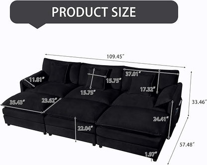 109.45" Oversized Extra Deep Seat Modern Chenille Cloud Couch, Large 3 Seater Modular Sofa for Living Room,Convertible Sofa Bed,Bedroom Apartment Office(Black, 109.45 Inch+3Ottoman)