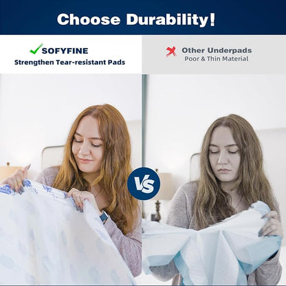 SOFYFINE Tear Resistant Bed Pads 36"x36",60 Count, Disposable Extra Large 135 Gram Heavy Duty Absorbency Adults Incontinence Chucks, XXL Thicken Puppy Pee Pads,10X Absorbency Underpads