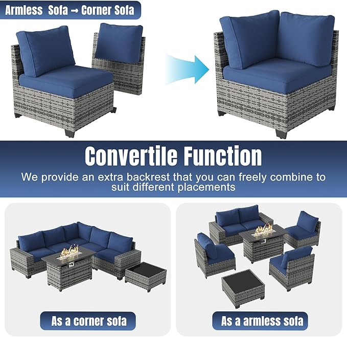 Aoxun 7 Pieces Patio Furniture Set with 44” Fire Pit Table Wicker Rattan Outdoor Sectional Conversation Set with Coffee Table and 4” Thickened Cushions, Gray/Blue(Waterproof Cover Included)