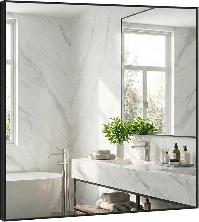 36''x36'' Large Black Square Mirror, Matte Metal Framed Bathroom Vanity Mirror
