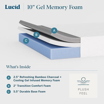 Lucid 10 Inch Memory Foam Mattress - Plush Feel - Infused with Refreshing Bamboo Charcoal and Cooling Gel - Bed in a Box - Temperature Regulating - Pressure Relief - Breathable - Queen Size