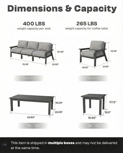Patio Kingdom Patio Furniture Set with Washable Thick Gray Cushions, HDPE Outdoor Couch, All-Weather Outdoor Sectional Furniture, Patio Conversation Sets for Lawn, Garden, Porch (Grey Frame)