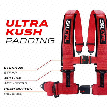 1pc 50 Cal Red 4 Point Harness 2in Straps, Racing Harness Seat Belt | Ultra Kush padding, Push Button quick release hardware. Universal Fit for UTV, RZR, race car.