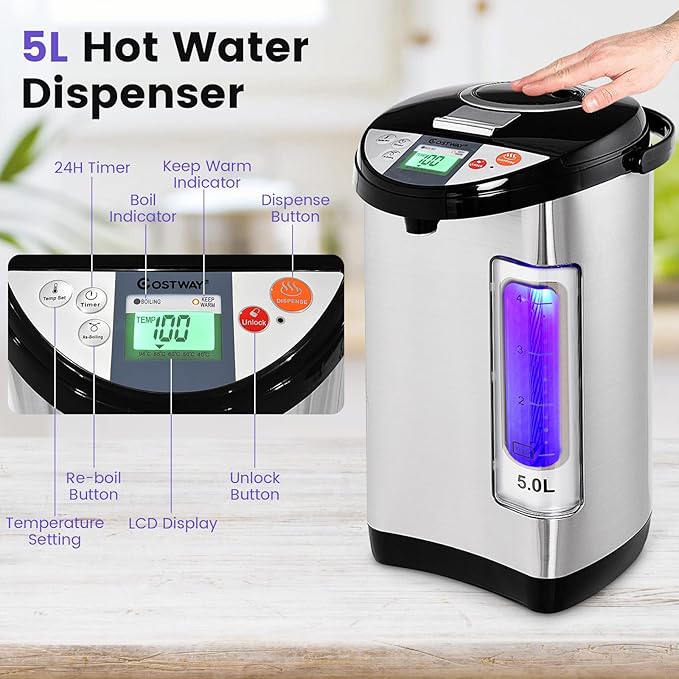 COSTWAY Instant Electric Hot Water Boiler and Warmer, 5-Liter LCD Water Pot