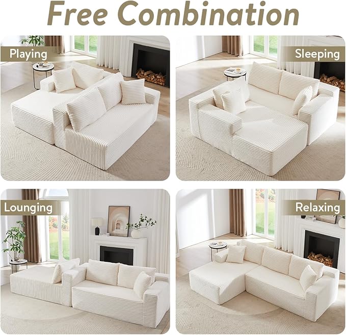 Modular Cloud Sectional Couch with L-Shape Chaise,Modern Upholstered Couches with Deep Seat,Corduroy Sponge Compressed Sofa for Living Room,No Assembly Required (Off White)