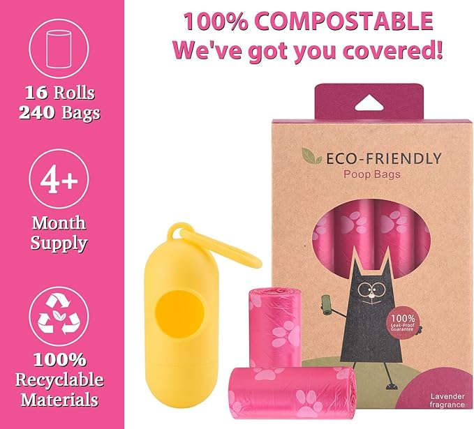 Biodegradable Dog Poo Bags with Holder-240 Large Poop Bags, Corn Starch Blended Compostable Bag, Extra Thick Strong Leak Proof Waste Bag for Dogs (Pink)