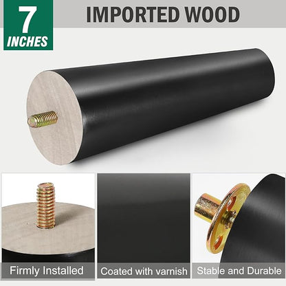 FoDau770 Black Rubber Wood Furniture Legs 7 Inches, Straight Tapered Wood Feet Mid Century Sofa Legs Set of 4, 5/16" UNC Furniture Feet Replacement Parts for Cabinet Couch Dresser Chair Ottoman Table