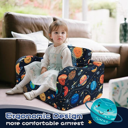 MeMoreCool Folding Kids Couch – 2-in-1 Toddler Sofa Bed & Lounge Chair | Astronaut Print | Fold-Out Design | Washable Cover | Ages 1–3