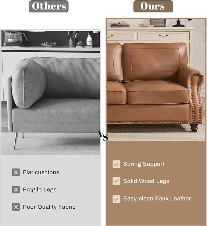 WILLOVE 79'' Faux Leather Sofa, Classic 3 Seater Leather Couch with Rolled Arm and Nailhead Trim, Mid-Century Modern Couch for Living Room, Apartment, Easy to Install, Brown